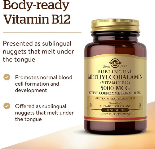 Imagen 3 de 3 de Metilcobalamina Vitamina B12. 5000mcg Sublingual. 60 Caps Sabor Sin Sabor