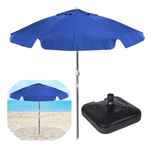 Kit Guarda Sol Praia Piscina Azul 1,60 M + Base Preta 18 L