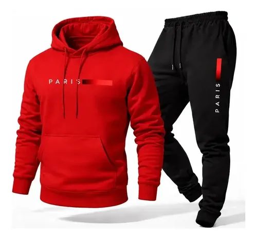Conjunto Moletom Calça Unissex Paris Canguru Casaco Frio G Vermelho