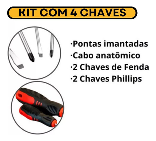 Kit Jogo Chave Fenda E Phillips 4 Peças Imantado Cromo