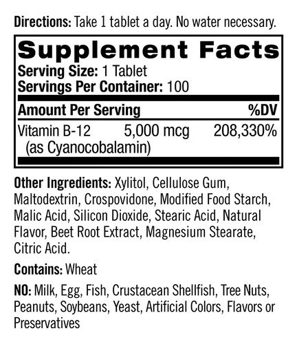Natrol | Vitamin B12 5000 Mcg | Cyanocobalamin | 100 Tabs Frutilla