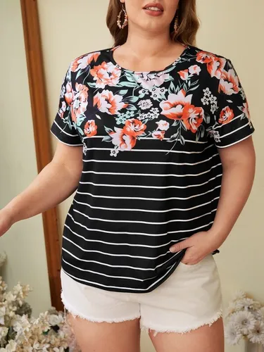 Blusa Negra Floral Y Rayada Tallas Extras 3xl Cuotas sin inter s