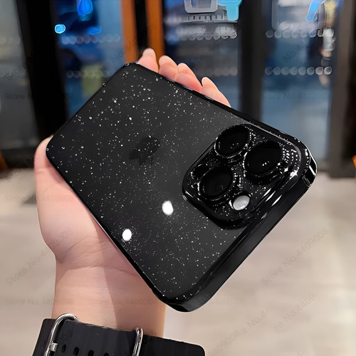 Funda Para Iphone 15 16 Con Brillos Y Protector De Cámara Negro Iphone 15 Pro Max