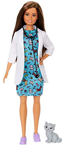 Muñeca Barbie Pet Vet Morena Con Vestido Con Estampado Prof