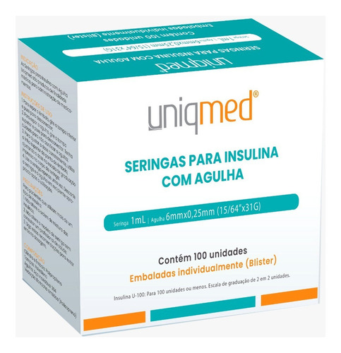 Kit 200un Seringa Para Insulina Uniqmed 1,0ml 6x0,25mm 31g Capacidade em volume 1 mL