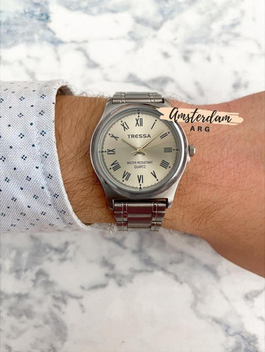 Reloj Tressa Hombre Modelo Oporto Romanos ..amsterdamarg.. Malla Plateado Bisel Plateado Fondo Dorado Romanos