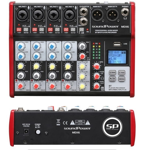 Mixer Consola De Audio 6 Canales Soundpower Mdx6 Usb Bt