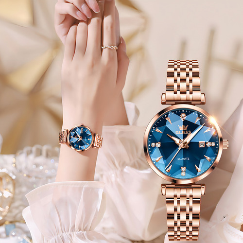 Relojes de cuarzo con calendario inoxidable de lujo Olevs, color de fondo azul