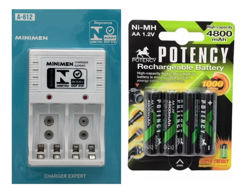 Kit Carregador + 4 Pilhas Aa 4800mah Recarregável