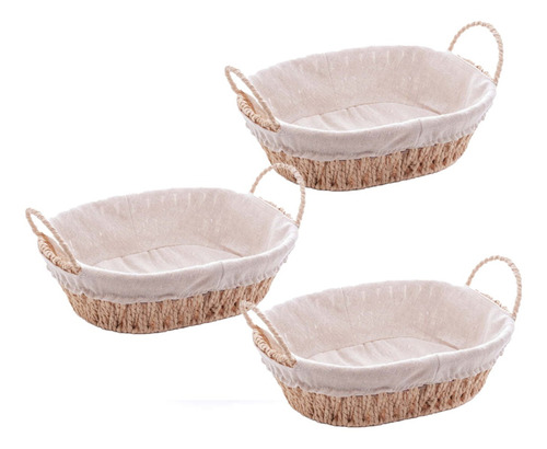 Kit 3 Cestos De Pães Decorativo Cesta Forrado Mesa Com Forro Cor Bege