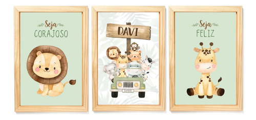 Kit 3 Quadrinhos Decorativos Safari Baby Aquarela