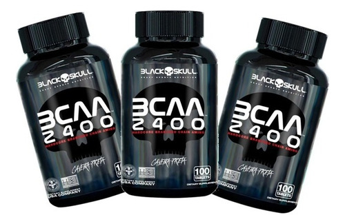 Kit 3x Bcaa 2400 - Caveira Preta - 100 Tabletes Sabor Sem Sabor