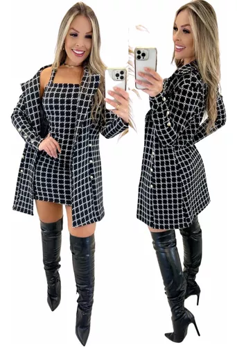 Conjunto Xadrez 2 Peças Blazer E Vestido 2023 Novo Moda Feminina