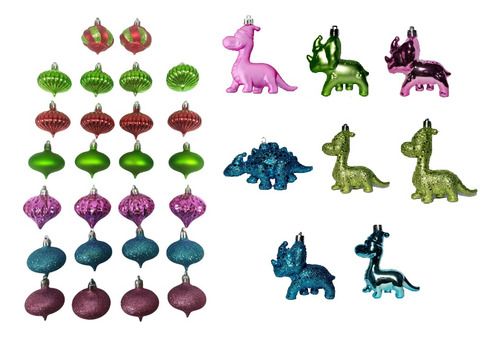 Set Esferas Navideñas 54 Pz Multicolor Dinosaurio Verde Azul