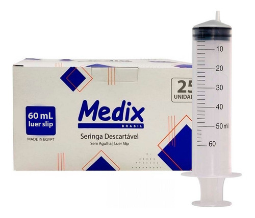 Caixa De Seringa Sem Agulha 60 Ml Bico Slim C/ 25 Medix