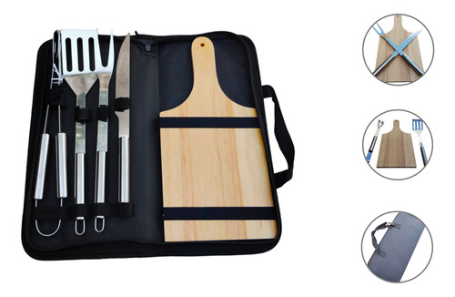 Set De Asado Parrilla Asador Tabla Y Estuche Parrillero 4p