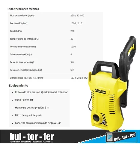 HIDROLAVADORA KARCHER K2 BASIC 110 BAR 1200 W