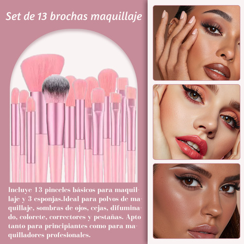 13 Piezas Brochas Maquillaje Y 3 Esponja Para Maquillaje Rosa 16psc Kit De Brochas Maquillaje Profesional Brocha Vibradora