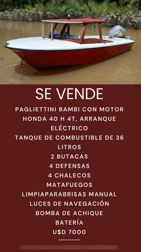 Lancha Pagliettini Bambi Motor Honda 4o 4t Cabina Madera