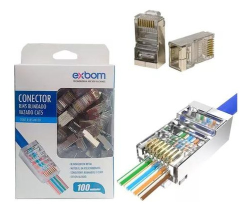 Conector Blindado Rj45 Macho Cat5 De Rede Vazado 100un