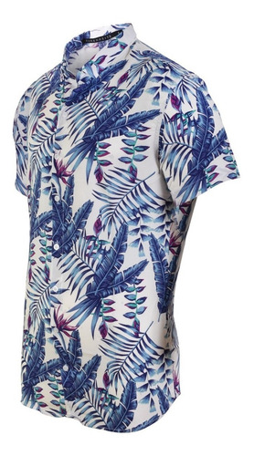 Imagen 2 de 3 de Camisa Hombre Farenheite Fibrana M/c Blanca Hojas Azules