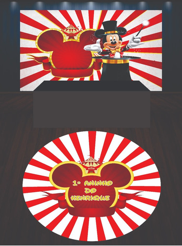 Kit Painel + Tapete Em Lona Mickey Circo, Banner, Envio 48h