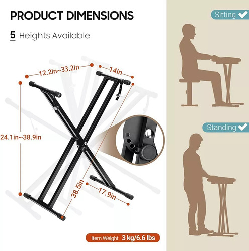 Doremama Soporte De Teclado, Para Teclado Reforzado Plegable Forma de X 30-89 cm Portátiles,Forma de X Portátiles para Teclado Musical,con 7 Posiciones Ajustables Altura y Anchura, para Piano Digital