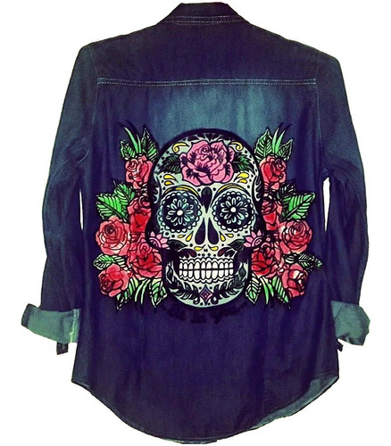 Camisa Jean Azul Estampada Diseño Calavera Mexicana Pintada 