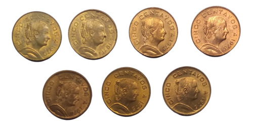 7 Monedas De 5 Centavos Bronce Josefa  1970 A 1976   