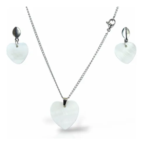 comprar Conjunto Feminino Colar + Par De Brincos Aço Coração Pedra