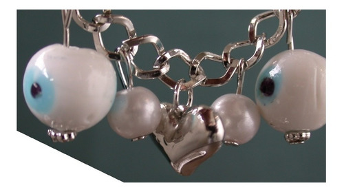 Luli Pulsera Dijes Cristal Murano Blanco Ojo Turco Corazon