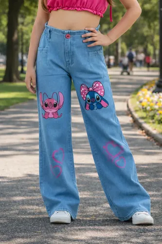 Calças Jeans Wide Leg Pantalona Larga Juvenil Infantil Stich