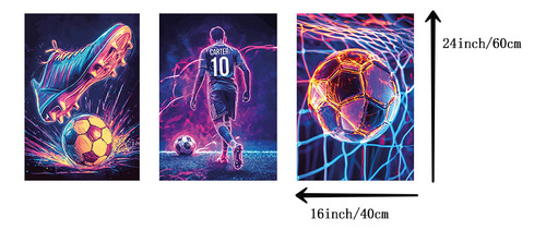 Póster De Fútbol De Neón De 3 Piezas Para Niños, Lienzo, Dec