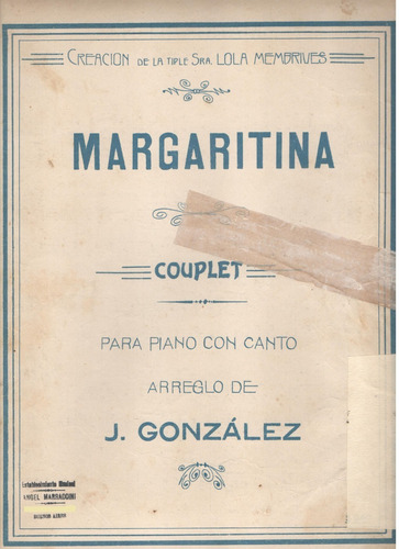  Partitura Original Del Couplet Margaritina De J. González
