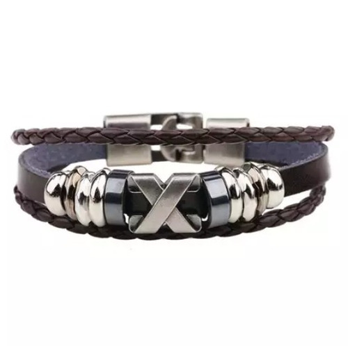 Pulsera De Cuero Y Metal Para Hombre Modelo De X