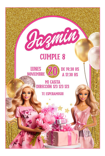 Muñeca Rosa Esitlo Barbie Tarjeta Invitación Digital 