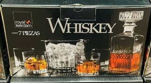 Juego Licorera Whiskey, 7 Piezas Cristal + Hielera Premium