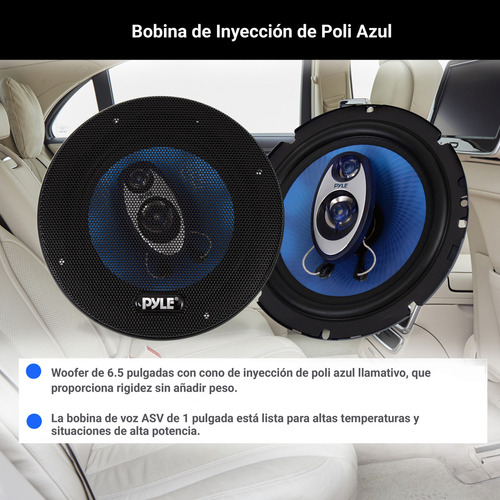 Bocinas Triaxiales Pyle de 6.5" de Tres Vías, 180 W RMS, 360 W de Potencia Máxima con Impedancia de 4 Ohmios y Tweeter Piezo de 3/4'' para Estéreo de Auto, Diseño Redondo, Sonido Profesional