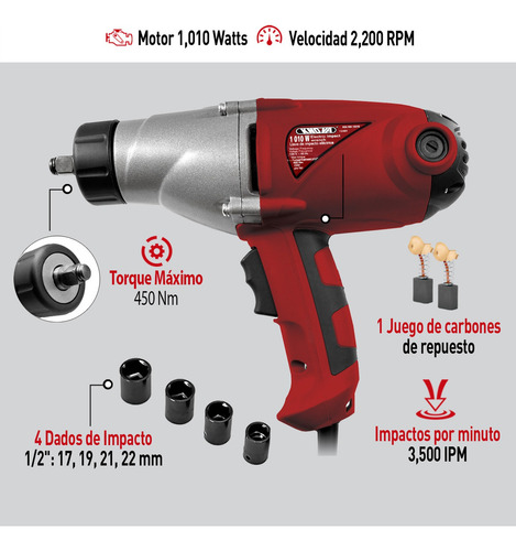 Llave de Impacto Eléctrica 1010W con Par Máximo de 450 Nm, Reversible, Ideal para Talleres y Reparaciones Automotrices, Modelo KN IW-1010 KNOVA