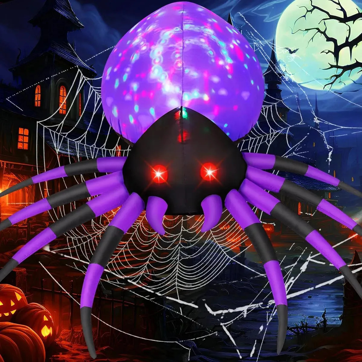 Araña Inflable Gigante de Halloween Morada y Negra con Luces LED Multicolor y Ojos Rojos Luminosos, Decoración Inflable Resistente al Agua para Jardín, Patio, Césped, Fiesta Temáti