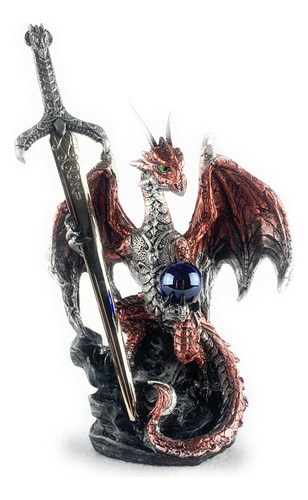 Estatua Dragon Con Espada Medieval Y Bola De Cristal
