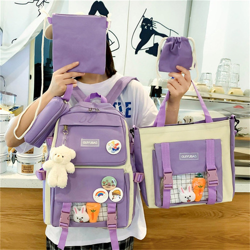 Kit Combo Mochila Escolar Kawaii 5 Piezas Estilo Coreano