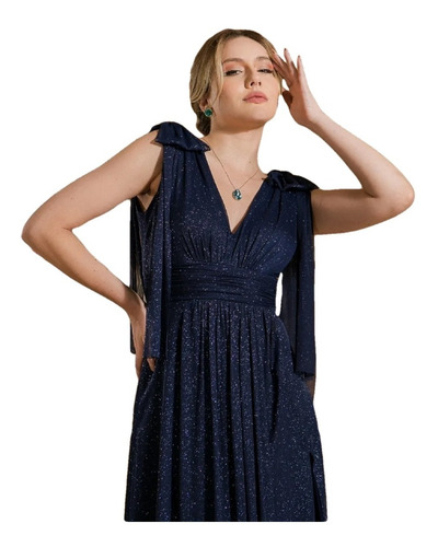 Imagem 1 de 3 de Vestido Madrinha Festa Lurex Decote V Fenda , De Amarrar