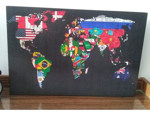 Imagem 3 de 4 de Quadro Mapa Mundi Bandeiras Preto No Vinil