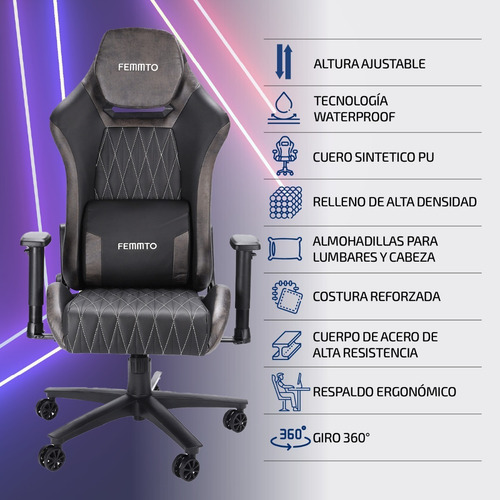 Imagen 4 de 10 de Silla Gamer Ergonomica Giratoria De Pc Y Escritorio Femmto
