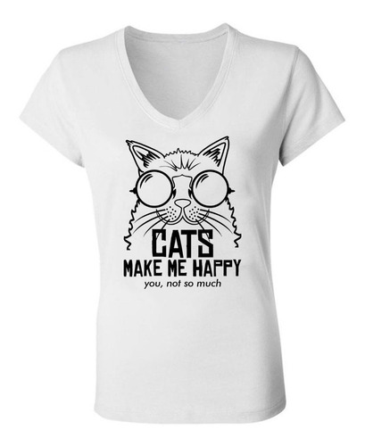 Remera Cats Make Me Happy  Escote V Spun