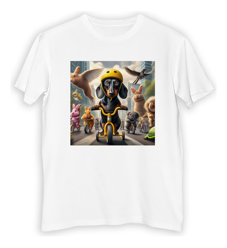 Remera Hombre Perro Salchicha Con Casco En Bicicleta