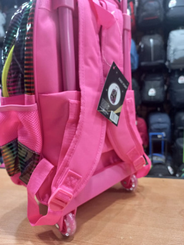 Mochila Carro Escolar First Point Love 16'' Con Luz Color Fucsia Diseño De La Tela Impermeable Con Apliques