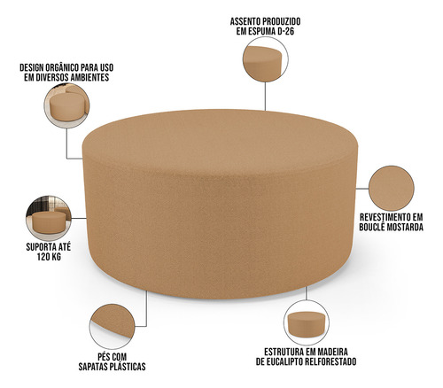 Puff Redondo Orgânico Para Living 90cm Lola Bouclê Mostarda