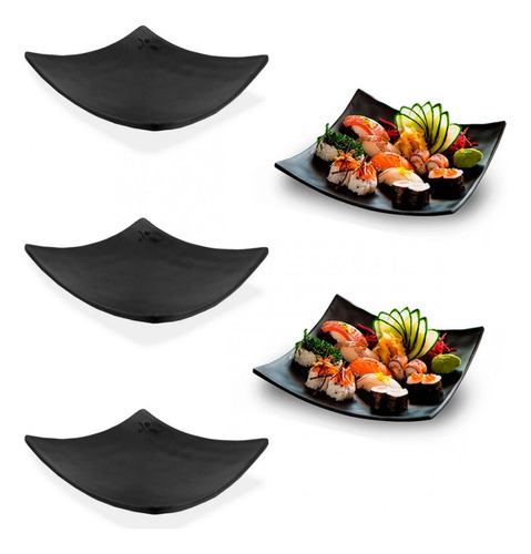 Kit 5 Pratos Quadrados Côncavo 15 Cm Para Sushi Em Melamina